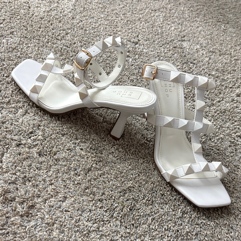 ShuShop KILEY STUDDED SQUARE TOE KITTEN HEEL - WHITE - Picture 7 of 8